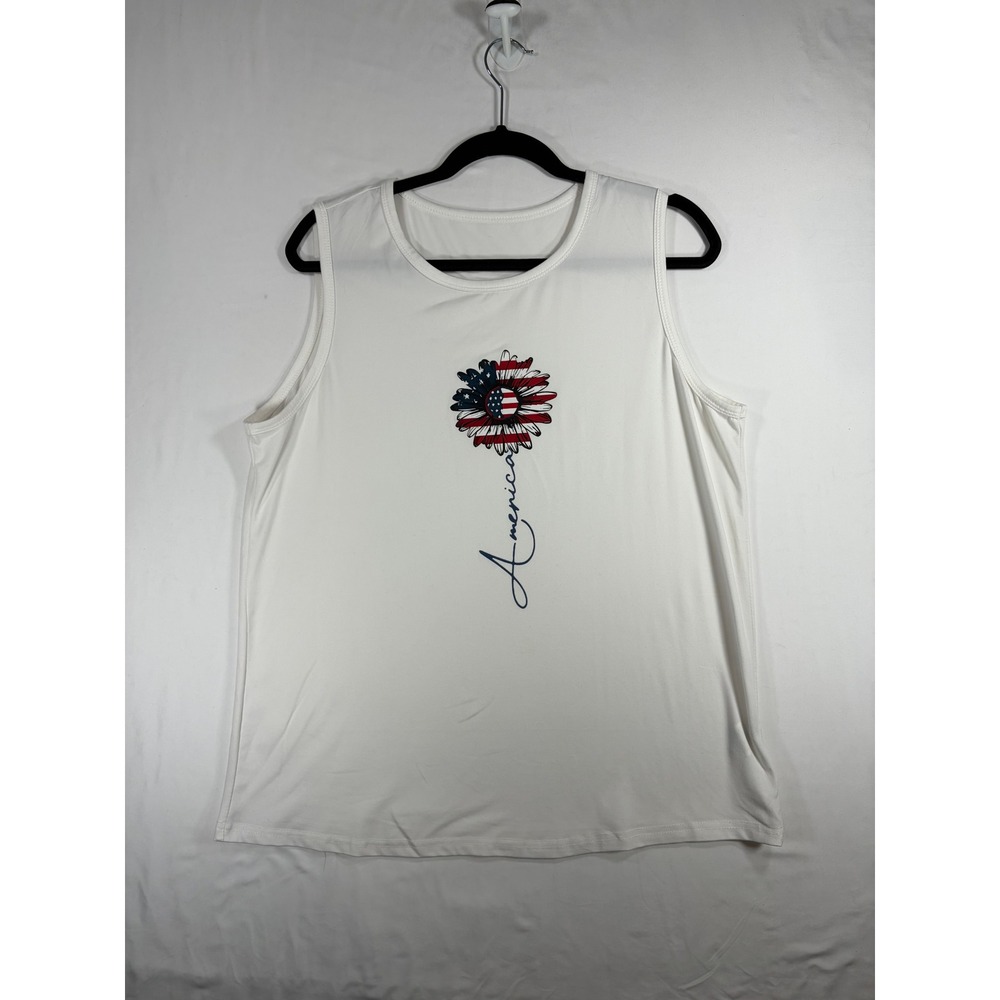 SHEIN Graphic Tank Top Women XL White Excellent Patriotic Sunflower USA